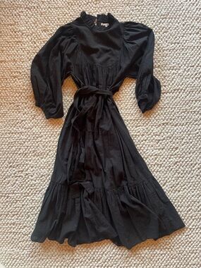 Black Kara Thoms Maxi Dress with Waist Tie and Puff Sleeves